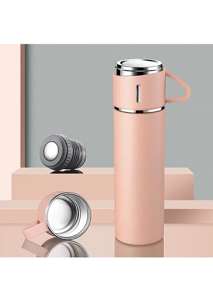 Paslanmaz Çelik Pembe Termos Seti, 3 Bardak, 500 ml, Vakumlu, Çanta Hediye