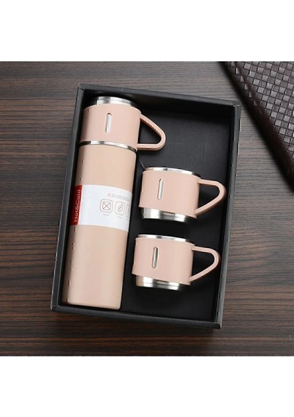 Paslanmaz Çelik Pembe Termos Seti, 3 Bardak, 500 ml, Vakumlu, Çanta Hediye