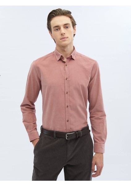 Pembe Fitilli Regular Fit Dokuma Kadife Casual %100 Pamuk Gömlek