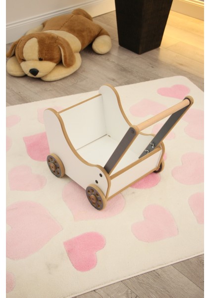 Ahşap Beyaz Oyuncak Bebek Arabası