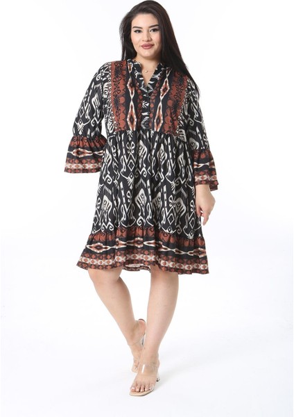 Kadın Büyük Beden Kahve Ön Patı Düğmeli Volan Kollu Etek Ucu Katlı Elbise 65N38471