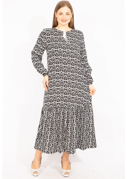 Kadın Siyah Dokuma Viskon Kumaş Etek Ucu Katlı Uzun Kollu Elbise 65N35512 modelleri