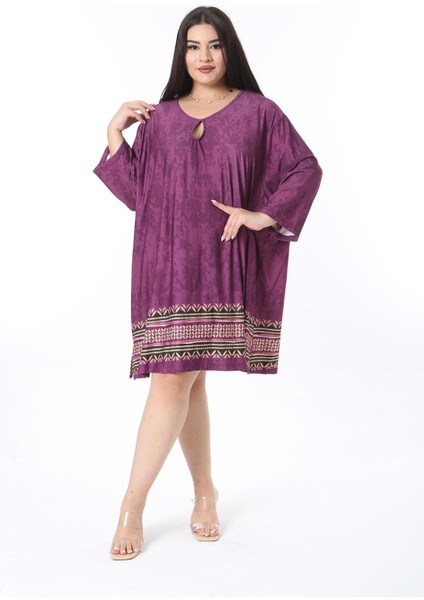 Kadın Büyük Beden Mürdüm Öpücük Yakalı Kapri Kollu Tunik Elbise 65N38350