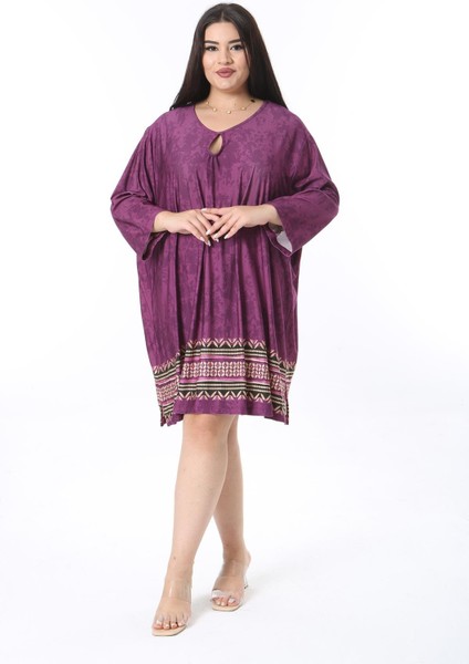 Kadın Büyük Beden Mürdüm Öpücük Yakalı Kapri Kollu Tunik Elbise 65N38350