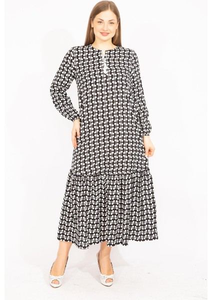 Kadın Siyah Dokuma Viskon Kumaş Etek Ucu Katlı Uzun Kollu Elbise 65N35513 modelleri