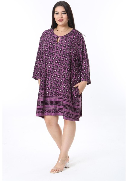 Kadın Büyük Beden Mürdüm Öpücük Yakalı Kapri Kollu Tunik Elbise 65N38357