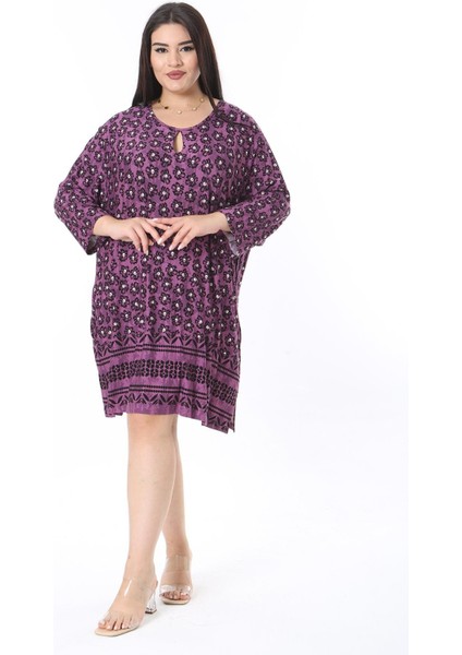 Kadın Büyük Beden Mürdüm Öpücük Yakalı Kapri Kollu Tunik Elbise 65N38357