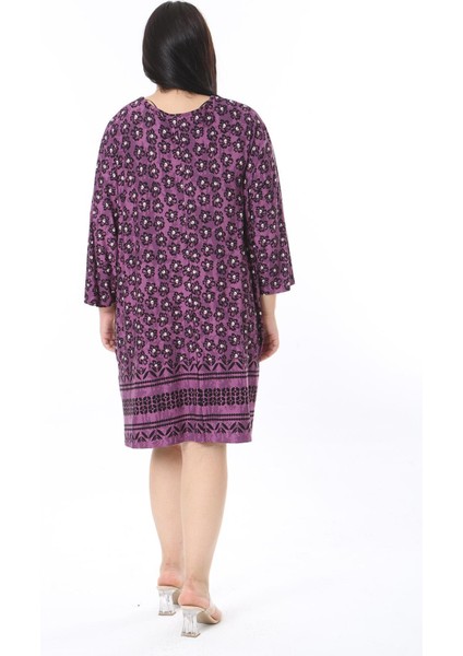 Kadın Büyük Beden Mürdüm Öpücük Yakalı Kapri Kollu Tunik Elbise 65N38357