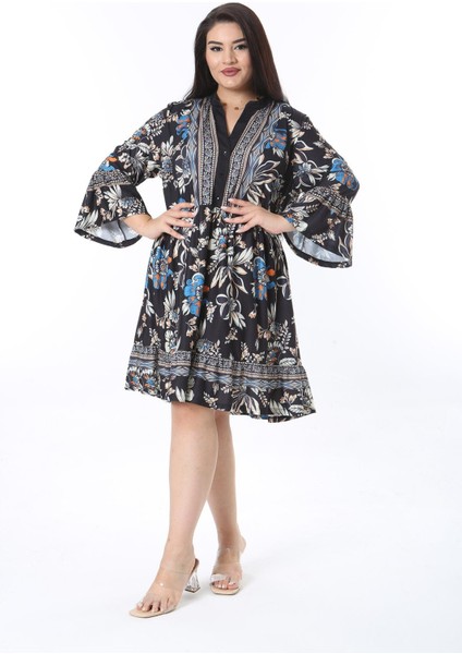 Kadın Büyük Beden Lacivert Ön Patı Düğmeli Volan Kollu Etek Ucu Katlı Elbise 65N38471