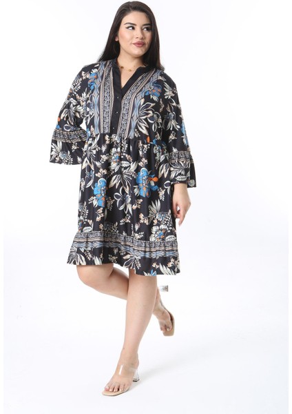 Kadın Büyük Beden Lacivert Ön Patı Düğmeli Volan Kollu Etek Ucu Katlı Elbise 65N38471