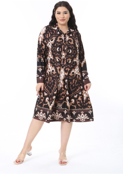 Kadın Büyük Beden Kahve Ön Patı Düğmeli Gömlek Yakalı Uzun Kollu Elbise 65N38582