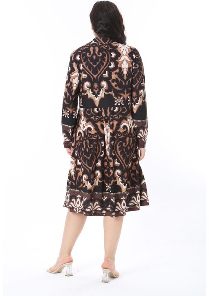 Kadın Büyük Beden Kahve Ön Patı Düğmeli Gömlek Yakalı Uzun Kollu Elbise 65N38582