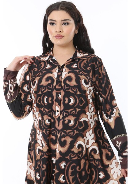 Kadın Büyük Beden Kahve Ön Patı Düğmeli Gömlek Yakalı Uzun Kollu Elbise 65N38582