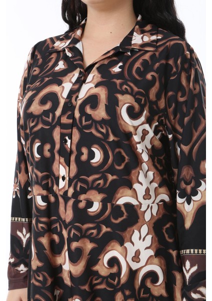 Kadın Büyük Beden Kahve Ön Patı Düğmeli Gömlek Yakalı Uzun Kollu Elbise 65N38582