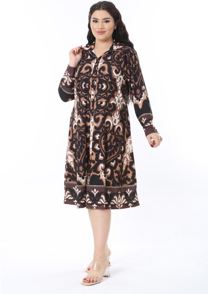 Kadın Büyük Beden Kahve Ön Patı Düğmeli Gömlek Yakalı Uzun Kollu Elbise 65N38582