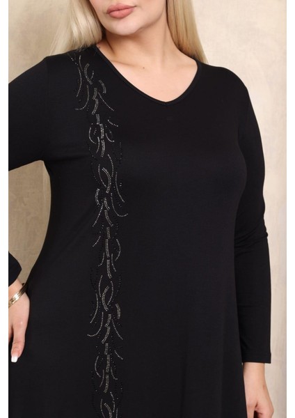 Kadın Büyük Beden Siyah V Yaka Uzun Kol Taş Baskı Detaylı Uzun Elbise 65N38436 fiyatları