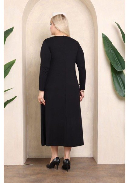 Kadın Büyük Beden Siyah V Yaka Uzun Kol Taş Baskı Detaylı Uzun Elbise 65N38436 fırsatları