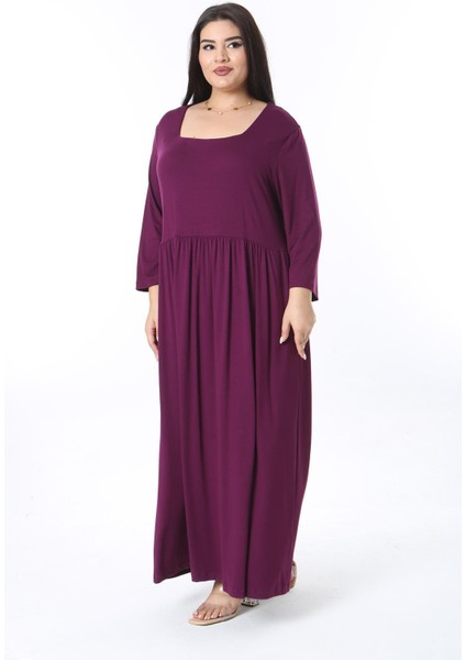 Kadın Büyük Beden Mürdüm Rahat Kesim Kare Yakalı Belden Büzgülü Kspri Kollu Elbise 65N38490