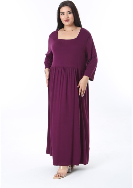 Kadın Büyük Beden Mürdüm Rahat Kesim Kare Yakalı Belden Büzgülü Kspri Kollu Elbise 65N38490