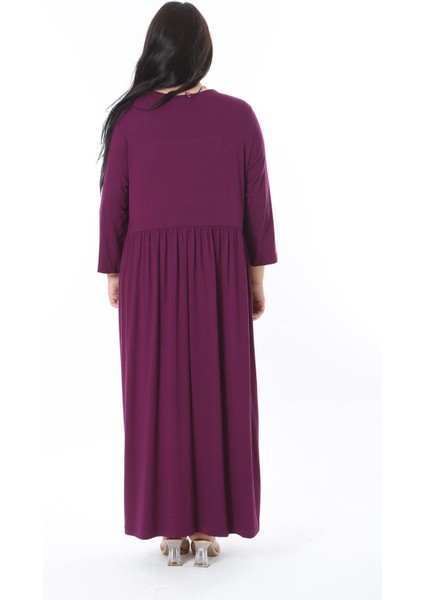 Kadın Büyük Beden Mürdüm Rahat Kesim Kare Yakalı Belden Büzgülü Kspri Kollu Elbise 65N38490