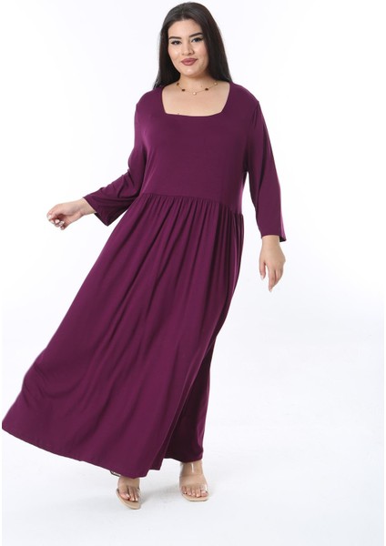 Kadın Büyük Beden Mürdüm Rahat Kesim Kare Yakalı Belden Büzgülü Kspri Kollu Elbise 65N38490