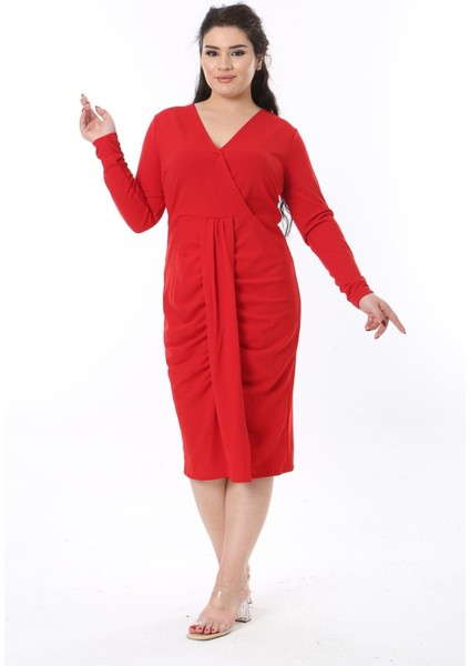 Kadın Büyük Beden Kırmızı Anvelop Yakalı Bel Detaylı Uzun Kollu Elbise 65N38602