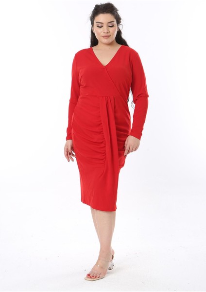 Kadın Büyük Beden Kırmızı Anvelop Yakalı Bel Detaylı Uzun Kollu Elbise 65N38602 modelleri