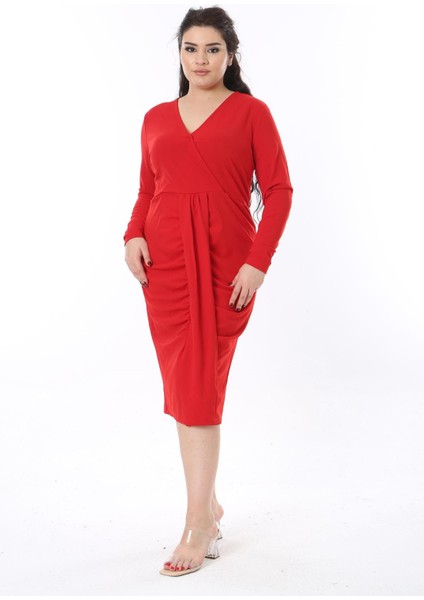 Kadın Büyük Beden Kırmızı Anvelop Yakalı Bel Detaylı Uzun Kollu Elbise 65N38602 fırsatları