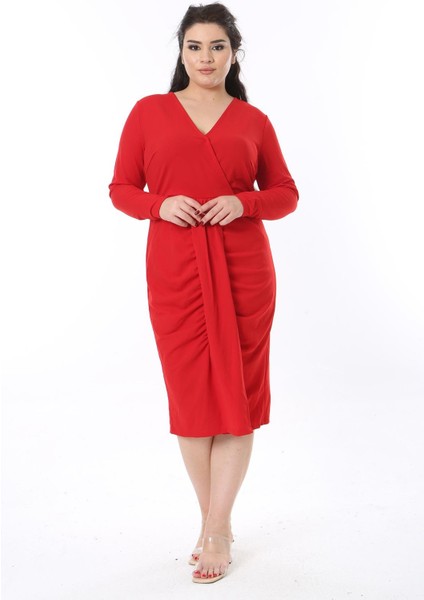 Kadın Büyük Beden Kırmızı Anvelop Yakalı Bel Detaylı Uzun Kollu Elbise 65N38602 indirimleri