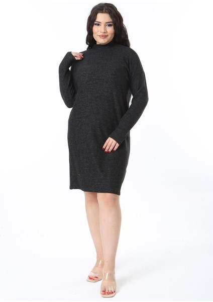Kadın Büyük Beden Siyah Yumoş Kumaş Sıfır Yakalı Uzun Kollu Elbise 65N38591