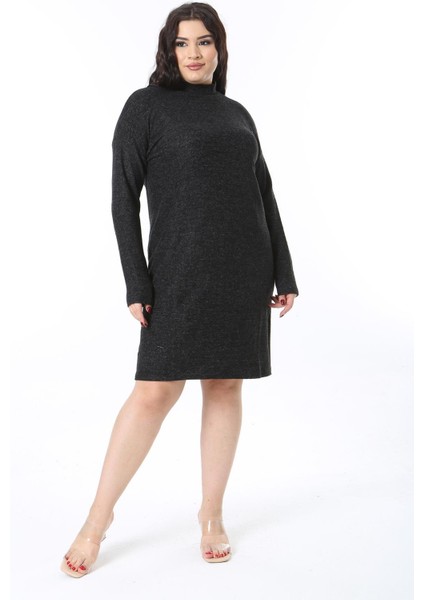 Kadın Büyük Beden Siyah Yumoş Kumaş Sıfır Yakalı Uzun Kollu Elbise 65N38591 fiyatları