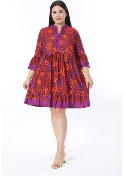 Kadın Büyük Beden Mor Ön Patı Düğmeli Volan Kollu Etek Ucu Katlı Elbise 65N38471