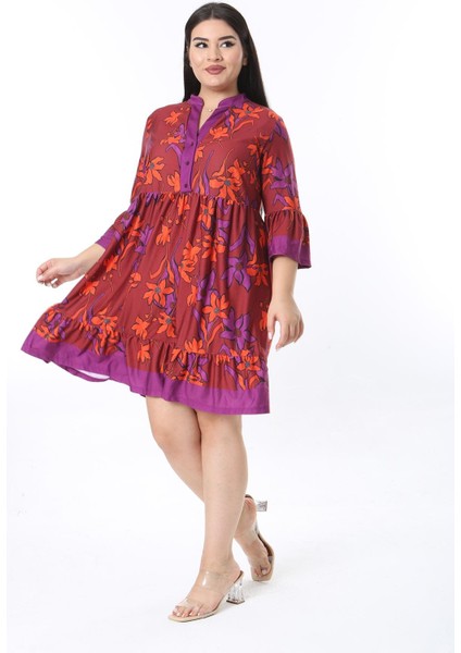 Kadın Büyük Beden Mor Ön Patı Düğmeli Volan Kollu Etek Ucu Katlı Elbise 65N38471 modelleri