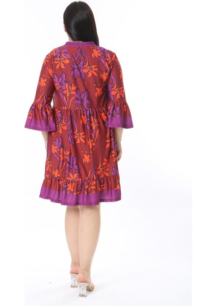 Kadın Büyük Beden Mor Ön Patı Düğmeli Volan Kollu Etek Ucu Katlı Elbise 65N38471 fırsatları