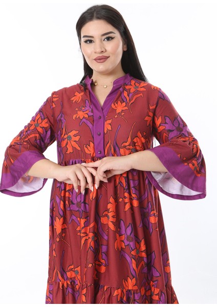 Kadın Büyük Beden Mor Ön Patı Düğmeli Volan Kollu Etek Ucu Katlı Elbise 65N38471 indirimleri