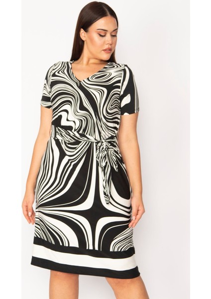 Kadın Siyah V Yakalı Önü Bağcık Detaylı Desenli Elbise 65N29396