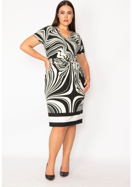 Kadın Siyah V Yakalı Önü Bağcık Detaylı Desenli Elbise 65N29396 fiyatları