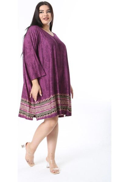 Kadın Büyük Beden Mürdüm Öpücük Yakalı Kapri Kollu Tunik Elbise 65N38350 fiyatları