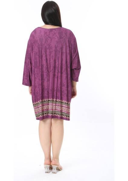 Kadın Büyük Beden Mürdüm Öpücük Yakalı Kapri Kollu Tunik Elbise 65N38350 modelleri