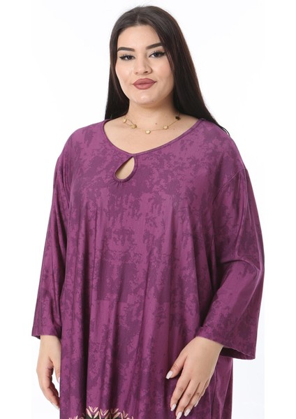 Kadın Büyük Beden Mürdüm Öpücük Yakalı Kapri Kollu Tunik Elbise 65N38350 fırsatları