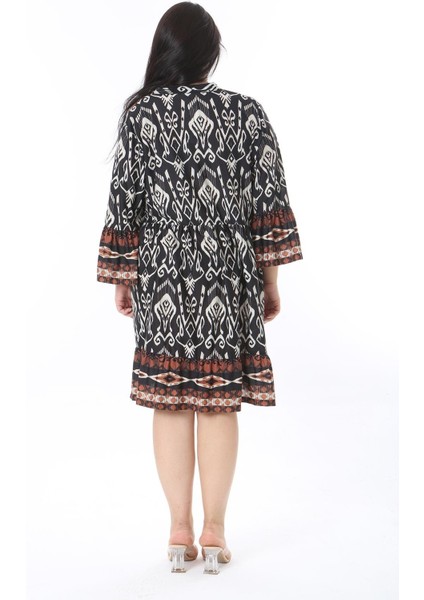 Kadın Büyük Beden Kahve Ön Patı Düğmeli Volan Kollu Etek Ucu Katlı Elbise 65N38471 fiyatları