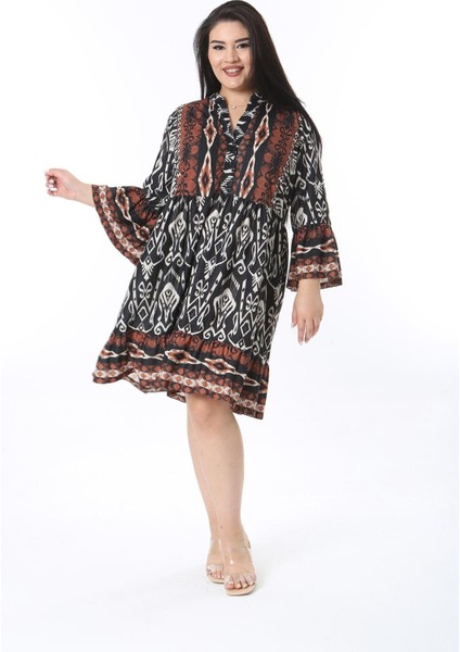 Kadın Büyük Beden Kahve Ön Patı Düğmeli Volan Kollu Etek Ucu Katlı Elbise 65N38471 fırsatları