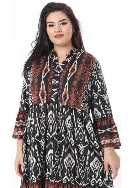 Kadın Büyük Beden Kahve Ön Patı Düğmeli Volan Kollu Etek Ucu Katlı Elbise 65N38471 indirimleri