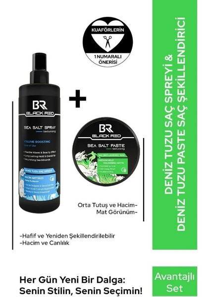 Black Red Saç Sea Salt Deniz Tuzu Saç Spreyi & Seal Salt Paste Saç Şekillendirici Mat Wax 2'li Set