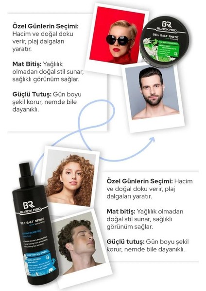 Black Red Saç Sea Salt Deniz Tuzu Saç Spreyi & Seal Salt Paste Saç Şekillendirici Mat Wax 2'li Set