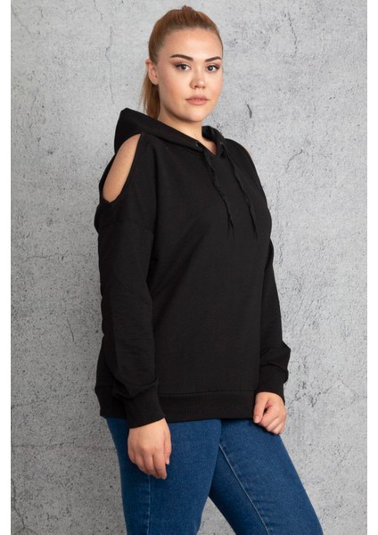 Kadın Haki Kapşonlu Omuz Dekolteli Sweatshirt 65N18831