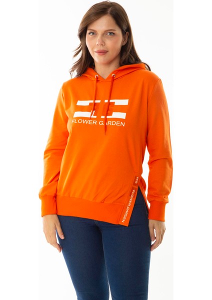 Kadın Büyük Beden Oranj Taş ve Baskı Detaylı Kapşonlu Yan Yırtmaçlı Sweatshirt 65N36867