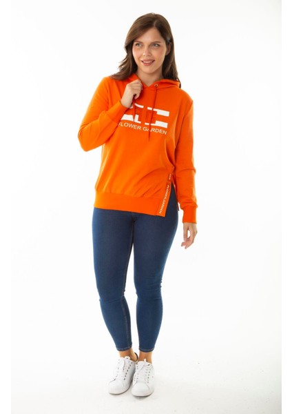Kadın Büyük Beden Oranj Taş ve Baskı Detaylı Kapşonlu Yan Yırtmaçlı Sweatshirt 65N36867 fiyatları