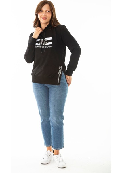 Kadın Büyük Beden Oranj Taş ve Baskı Detaylı Kapşonlu Yan Yırtmaçlı Sweatshirt 65N36867 fiyatları
