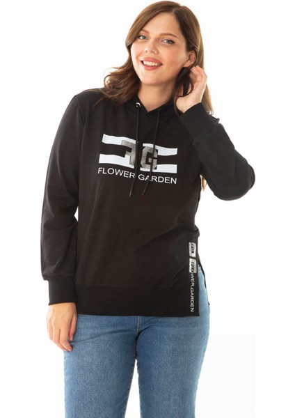 Kadın Büyük Beden Oranj Taş ve Baskı Detaylı Kapşonlu Yan Yırtmaçlı Sweatshirt 65N36867 modelleri